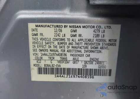 2007 Nissan Altima 2.5 S from USA, damaged, VIN 1N4AL21E97N408596